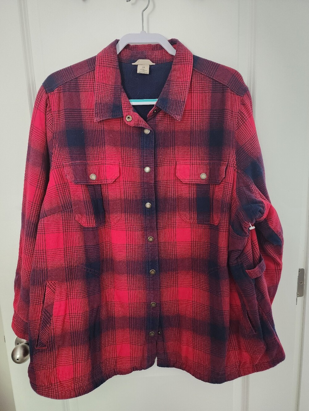 Women's Red And Blue Plaid Snap-Front Jacket